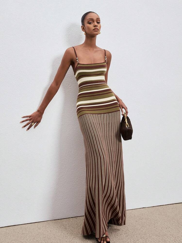 ATUI Studio Women's Striped Knit Camisole Dress With Beaded Shoulder Straps - Elegant Wool Blend ... | SHEIN