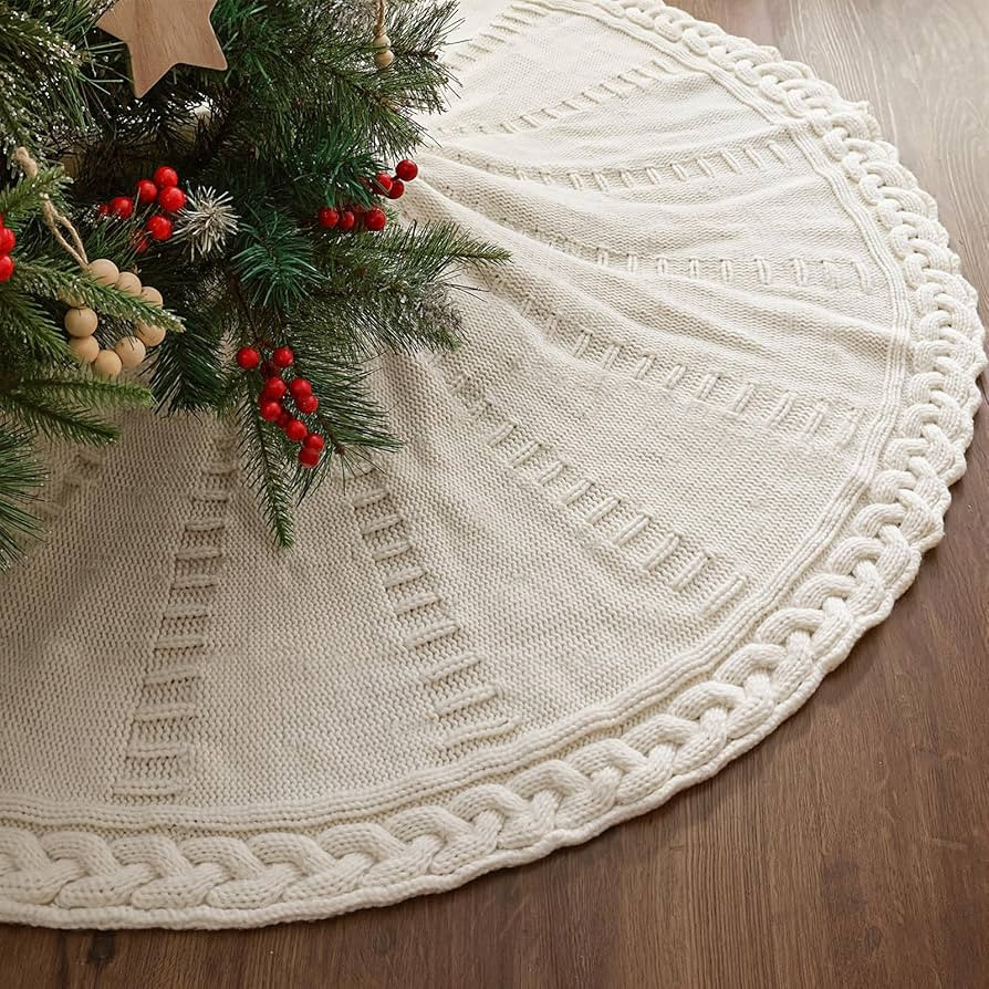 48 Inch Christmas Tree Skirt: Braided Cable Knit Tree Skirt for 7.5FT Tree, Cream White Tree Skir... | Amazon (US)