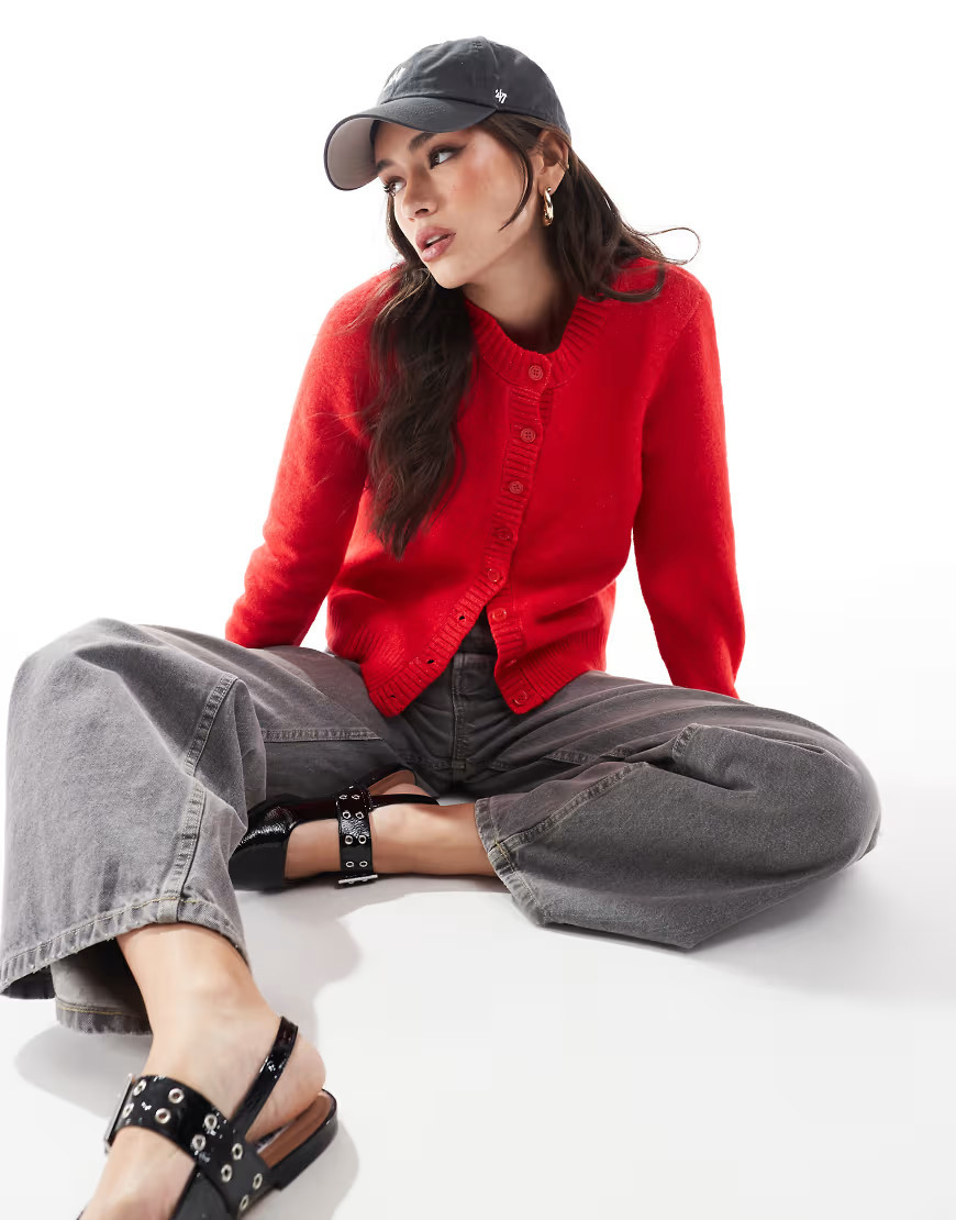 Stradivarius fluffy knit cardigan in red | ASOS (Global)