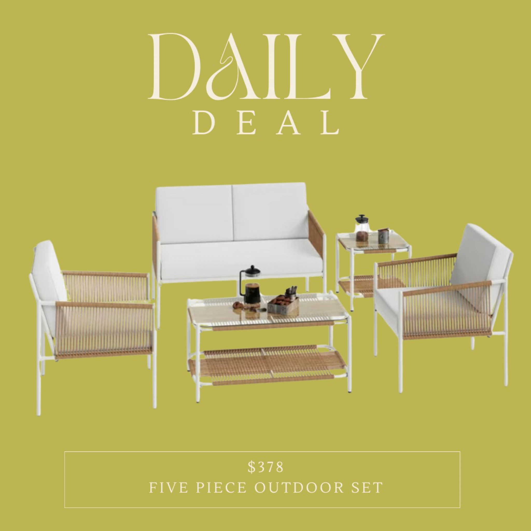 🌸 Upgrade your outdoor space with this charming woven and white 5-piece outdoor set for under $400! 😍 Enjoy spring in style with durable and chic patio furniture. 🌿 #OutdoorLiving #SpringDecor #PatioGoals

#LTKhome #LTKSeasonal #LTKsalealert