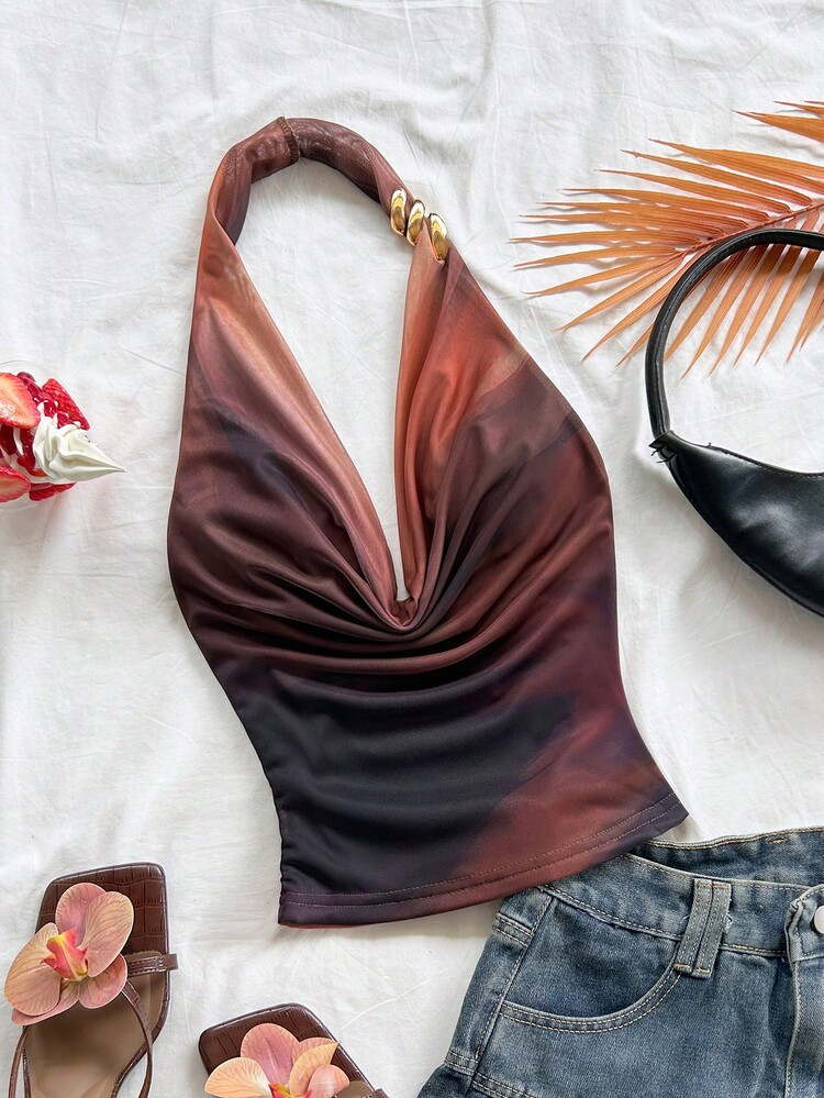 Soleia Winter And Summer Christmas Resort Halter Tie Dye Red- Top With Metal Decor New Year Clothes Elegant Tops For Women Formal Floral Tops | SHEIN