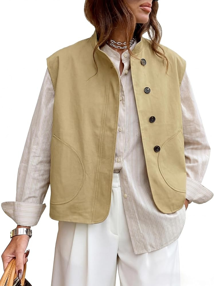 Watashi Women's Stand Collar Cotton Vest Asymmetry Sleeveless Waistcoat | Amazon (US)