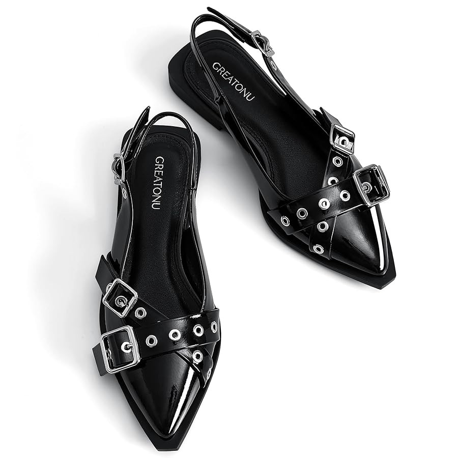 Greatonu Women's Slingback Flats for Women Ballerina Shoes Studs Buckle Flat Shoes Cross Strap Cl... | Amazon (US)