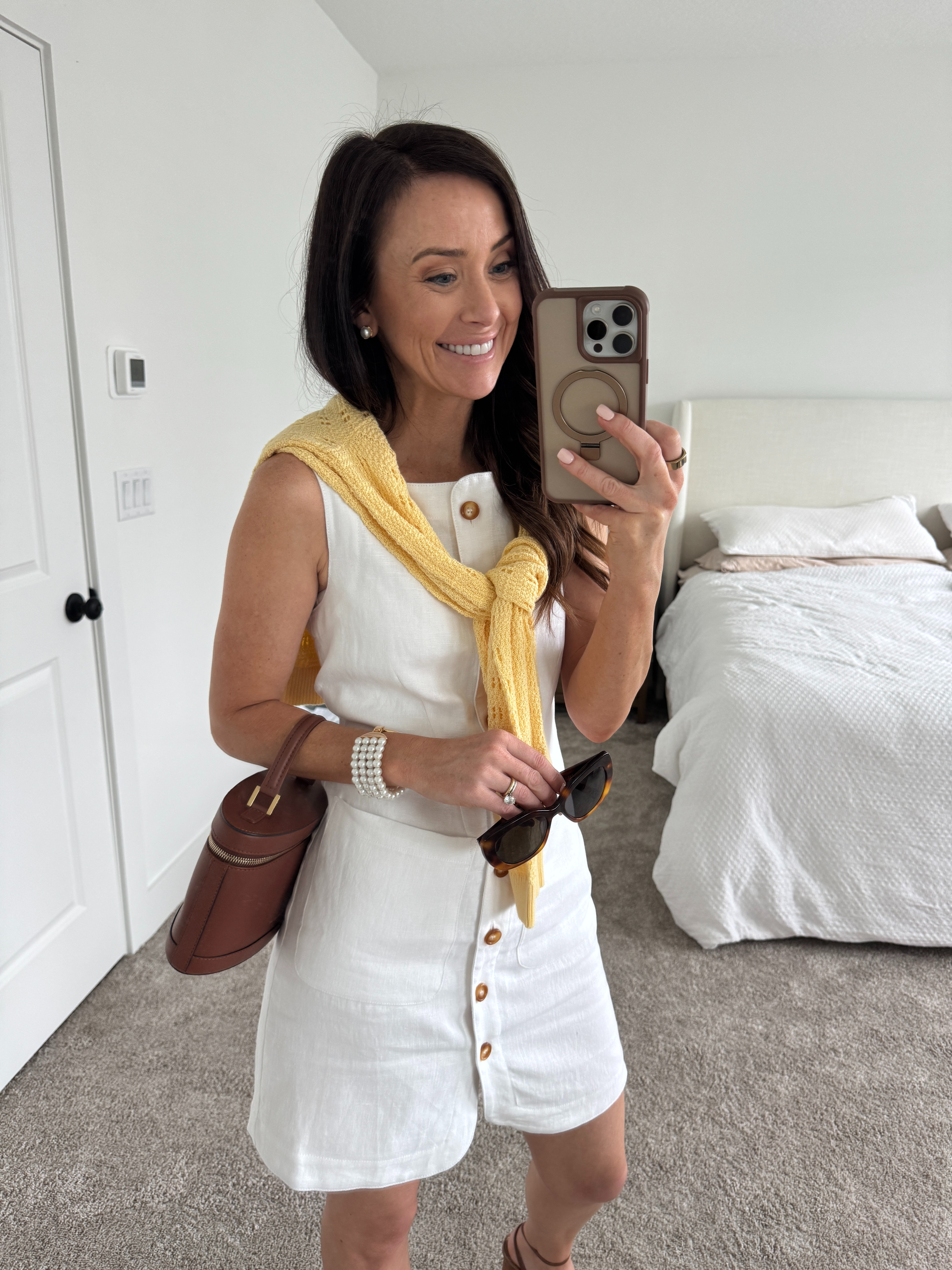 white dress with tortoise shell buttons, yellow cardigan
.
butter yellow, butter yellow cardigan, white shift dress, brown sandals, affordable brown sandals, affordable sandals 

 #LTKOver40