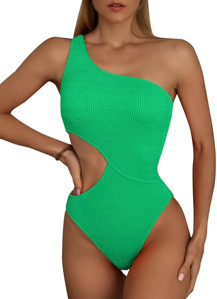 Limeeke Women's Cutout One Piece Swimsuit One Shoulder Swimwear Ribbed Monokini Bathing Suits | Amazon (US)