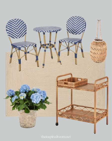 Spring and summer decorating inspiration 🌿 Walmart bistro table and chair set, rattan steel bar tea cart, live hydrangeas in basket, lantern, outdoor rug (find 5 more outdoor mood boards with simple swaps on theinspiredroom.net) 

#LTKFind #LTKhome #LTKSeasonal