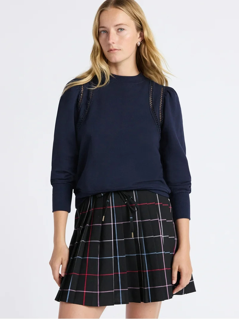 Free Assembly Women's French Terry Sweatshirt with Lace Inset and Long Puff Sleeves, Sizes XS-XXL | Walmart (US)