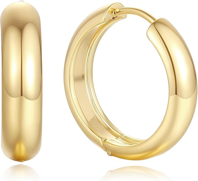 14K Gold Earrings for Women Gold Hoop Earrings for Women,Chunky Classic Huggie Earring, Circular ... | Amazon (US)