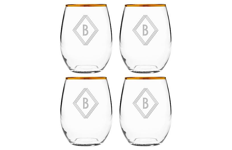S/4 Deco Monogram Stemless Wineglasses, Gold/Clear | One Kings Lane