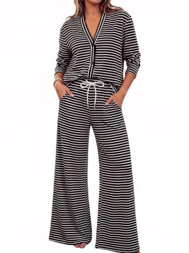 Fisoew Womens 2 Piece Lounge Set Striped Cardigan Pant Sets Travel Outfits | Amazon (US)