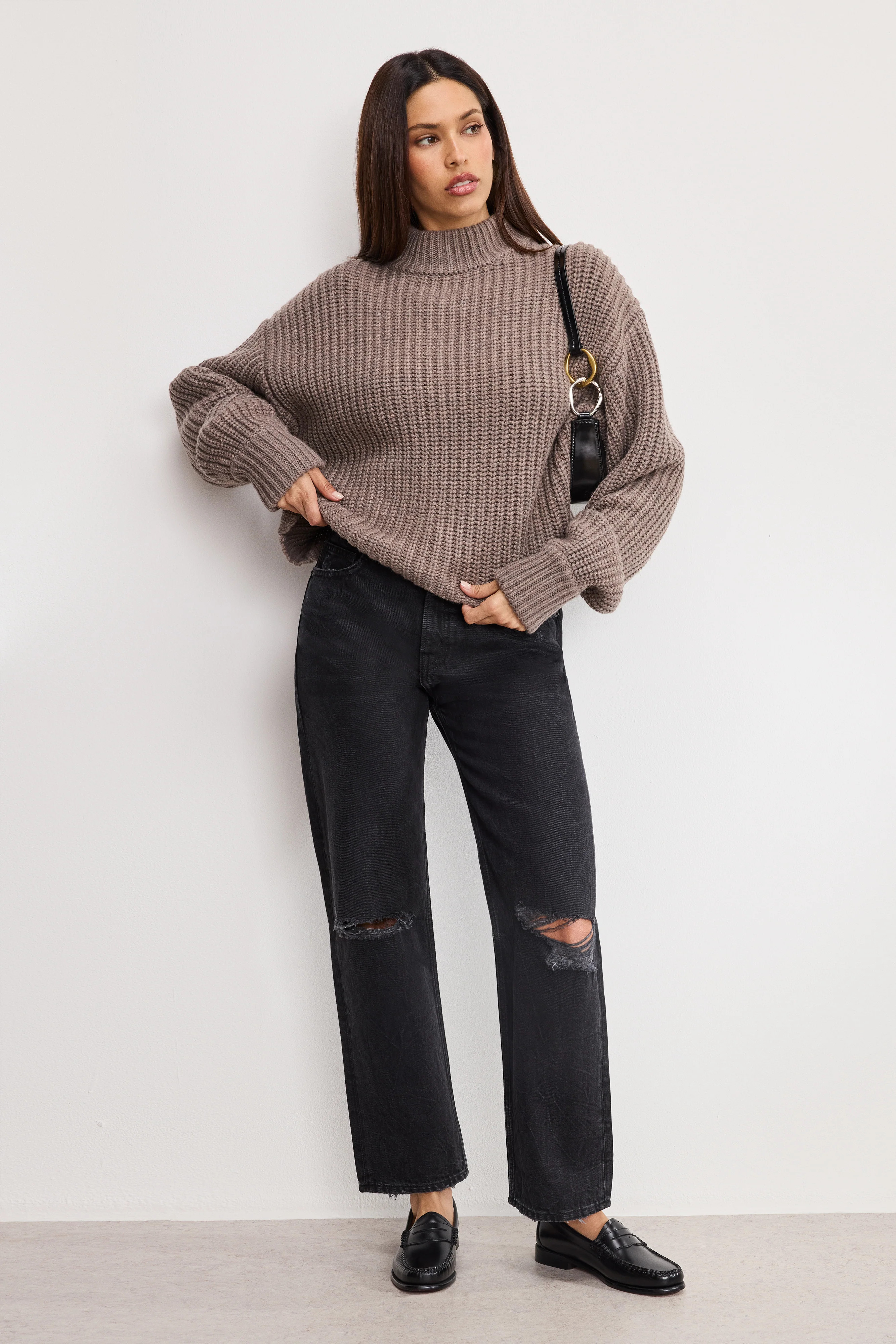CHUNKY KNIT MOCK NECK SWEATER | SMOKE - GOOD AMERICAN | Good American