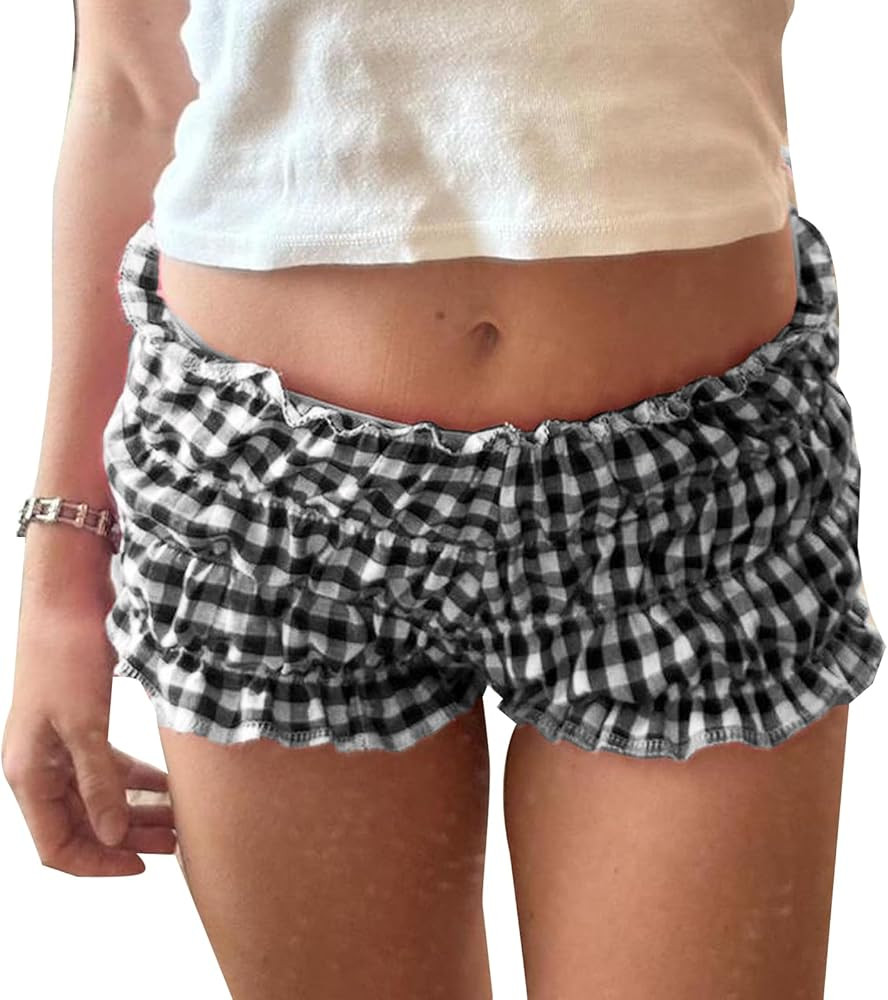 Womens Frilly Ruffle Micro Lolita Bloomers Shorts Y2k Low Rise Gingham Plaid Coquette Boxer Short... | Amazon (US)