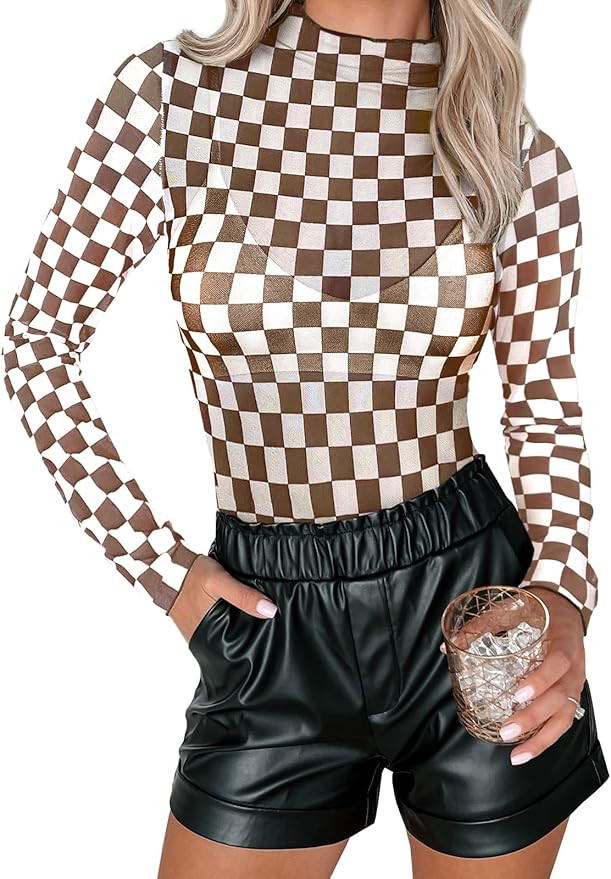 Womens Floral Mesh Top Mock Neck Long Sleeve Slim Fit See Through Shirt Blouses Tops | Amazon (US)