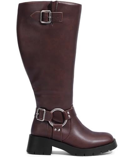 Pasuot Extra Wide Calf Boots for Women - Brown Knee High Square Toe Wide Width Platform Plus Size Tall Boots with Side Zip, Elastic bands Buckle Chunky Heel Wide Leg Fashion Motorcycle Boot 10 X-wide | Amazon (US)