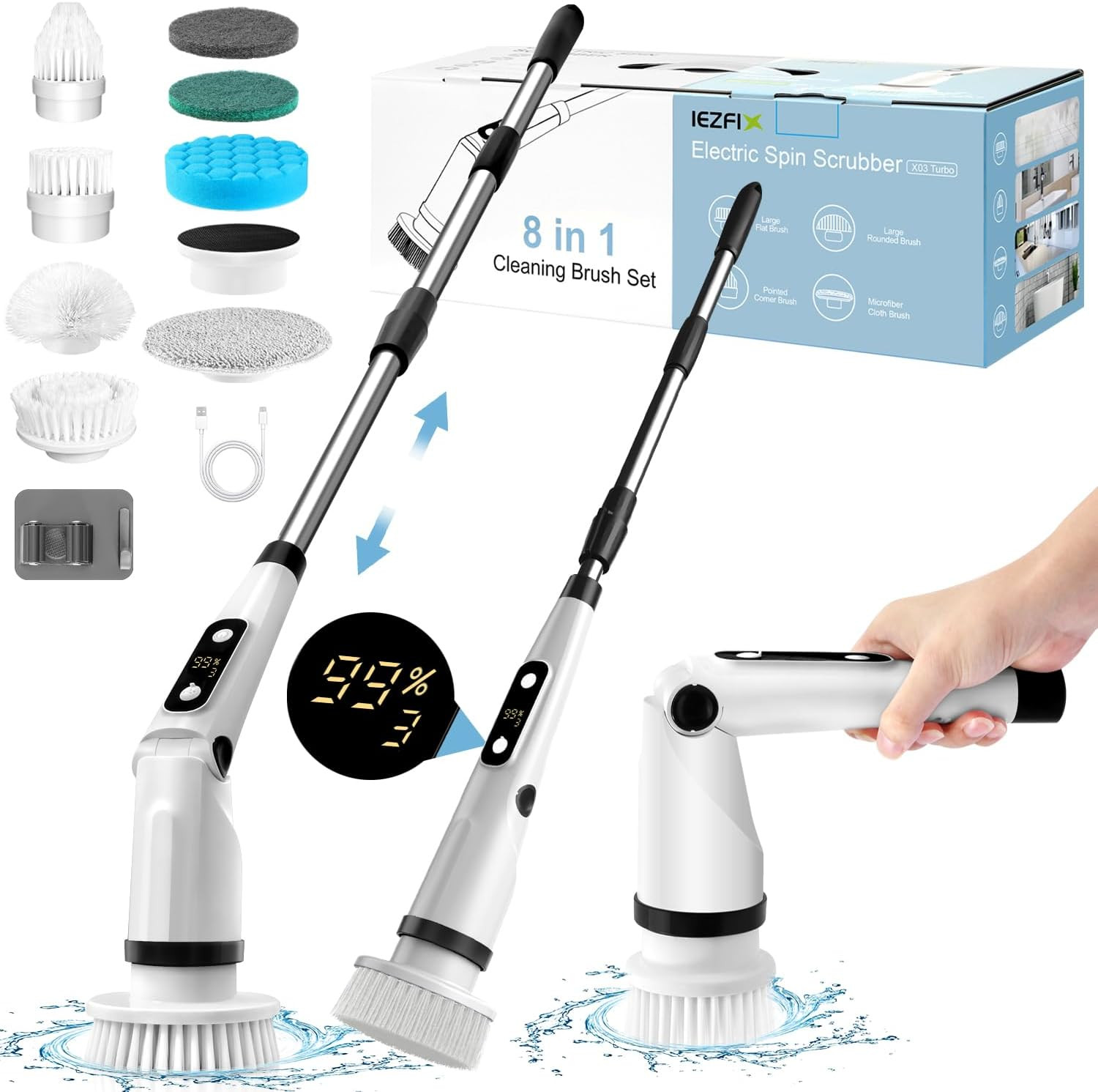 IEZFIX Electric Spin Scrubber, Bathroom Power Shower Scrubber Cleaning Brush for Tub/Tile/Floor/Toilet/Kitchen, 8 Cleaner Scrub Brush Heads, 3 Speeds 450RPM Max, Telescopic Rod Black | Amazon (US)