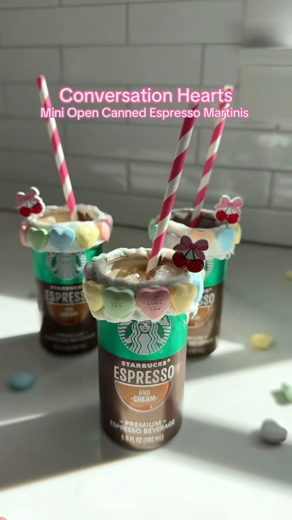 Conversation Hearts Mini Open Canned Espresso Martinis 🩷✨

How adorable would these be for your Galentine’s or Valentine’s Day party?! Pour your Starbucks canned espresso drinks into a separate mixing glass with 4 ounces of vodka and 4 ounces of Kahlua. Then, pour the mixture back into the mini cans over ice. Top with some fun themed cocktails stirrers and straws! 

#LTKValentine #LTKHome