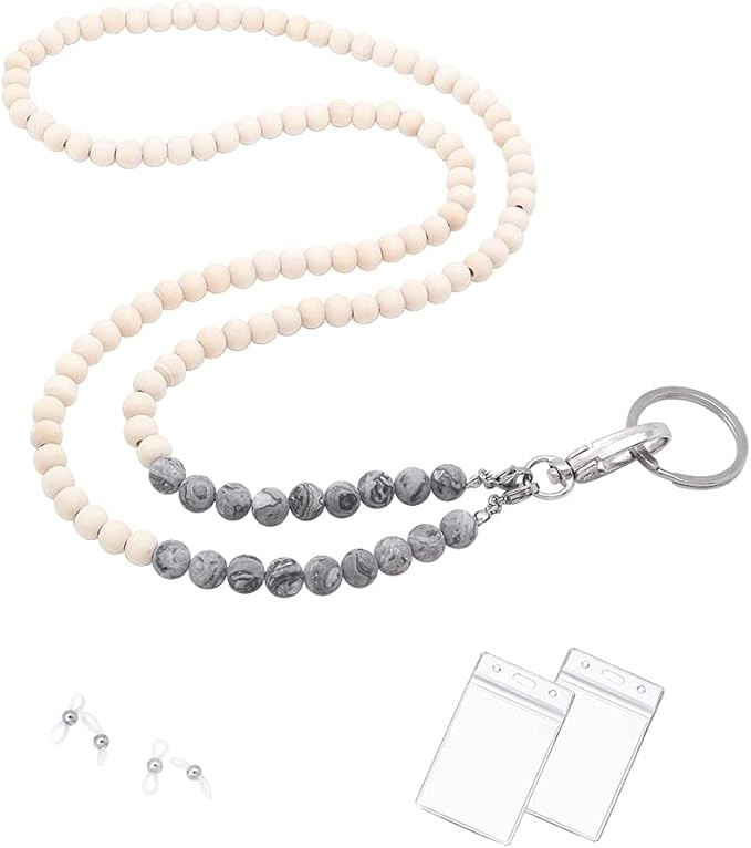 Lanyards for ID Badges, Beaded Wooden Natural Stone Lanyard for Keys Neck Lanyards for Glasses Ch... | Amazon (US)