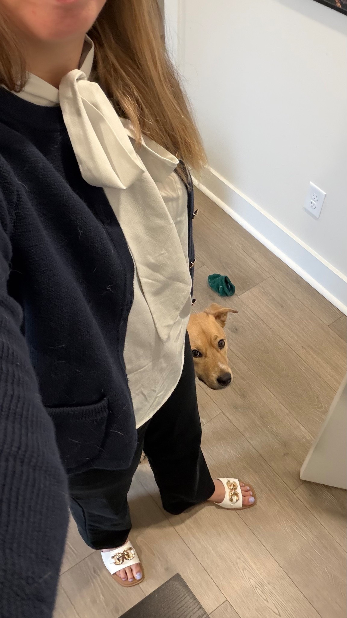 Spring said warm, then immediately said just kidding… so we layered accordingly 🤍

lightweight sweater + a crisp white blouse moment
easy black work pants that still feel put together
and these white + gold sandals that make it look like I have my life together (debatable)

this is one of those outfits that works whether it’s 50° or 75° and I refuse to check the weather twice

also apparently a little photobomb situation in the background 🐾

cozy but make it functional ✨

spring outfit ideas | work outfit inspo | casual chic style | neutral outfit | affordable fashion finds

#LTKmorningroutine #LTKdayinmylife #LTKootd