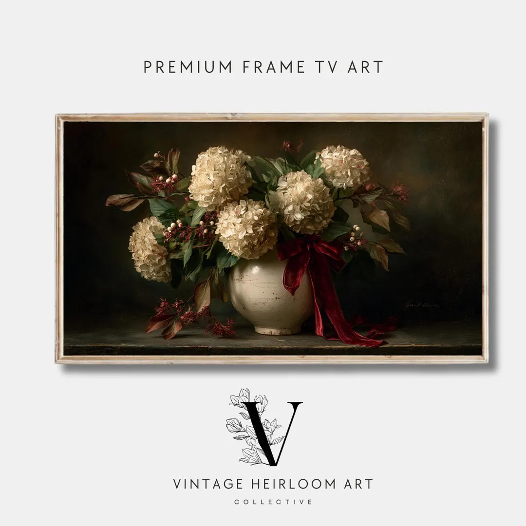 Hydrangea Christmas Frame TV Art, Vintage Holiday Painting, Moody Red Ralph Lauren Christmas Deco... | Etsy (US)