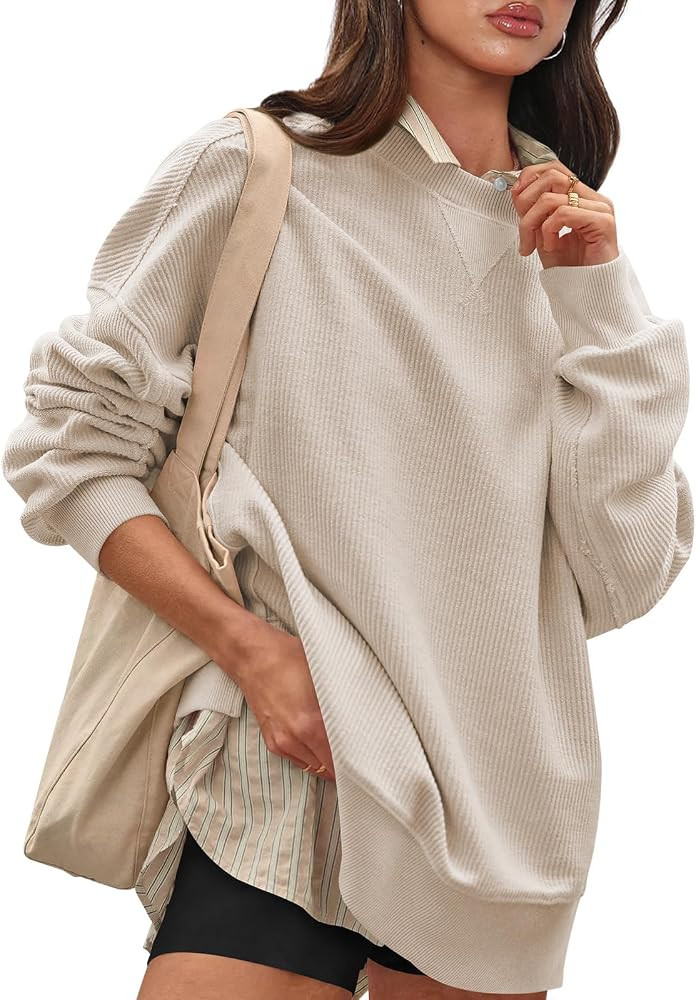 Womens Oversized Crewneck Corded Sweatshirt Corduroy Sweater for Women Casual Ribbed Long Sleeve ... | Amazon (US)