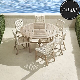 Isola 7-pc. Round Dining Set in Weathered Teak & Washed White Wicker | Frontgate