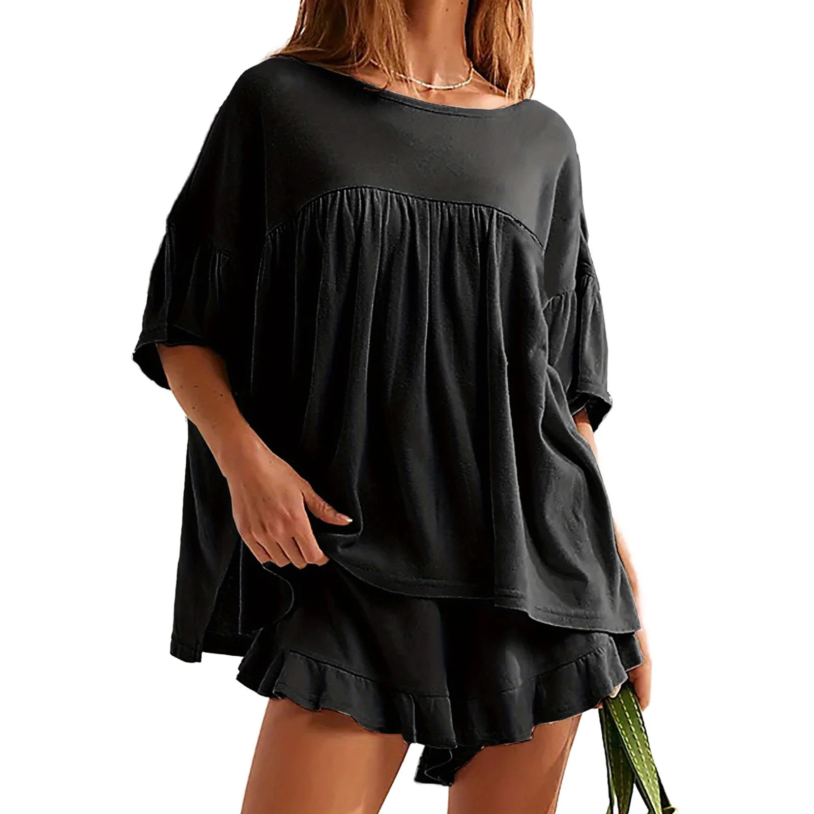 Short Sleeve Ruffle Patchwork Women Lounge Matching Set 2 Piece Sets Shirt and Shorts | Walmart (US)