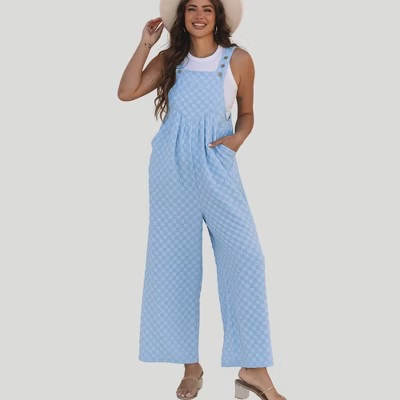Amaryllis Women’s Checker Textured Wide Leg Overalls Adjustable Button Straps Front Bib Detail Relaxed Fit Jumpsuit- Small ,Light Blue | Target