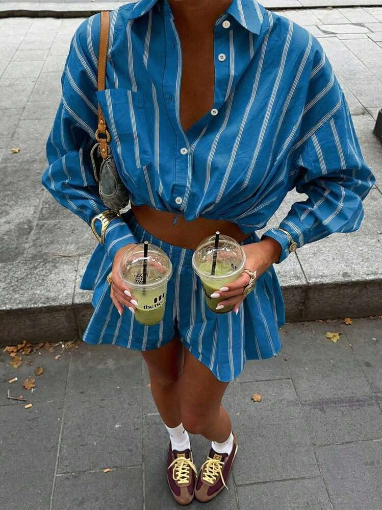2pcs Set Striped Colorblock Loose Waist-Cinched Long Sleeve Slim Fit Shirt And Wide Leg Pleated S... | SHEIN