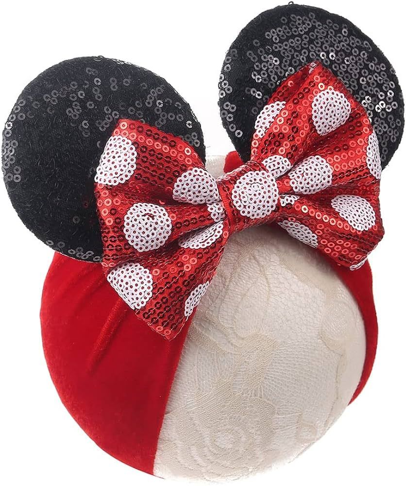 JIAHANG Baby Girl Mouse Ears Headwrap with Sequin Polka Dot Bow, Wide Velvet Turban Hairband, Cos... | Amazon (US)