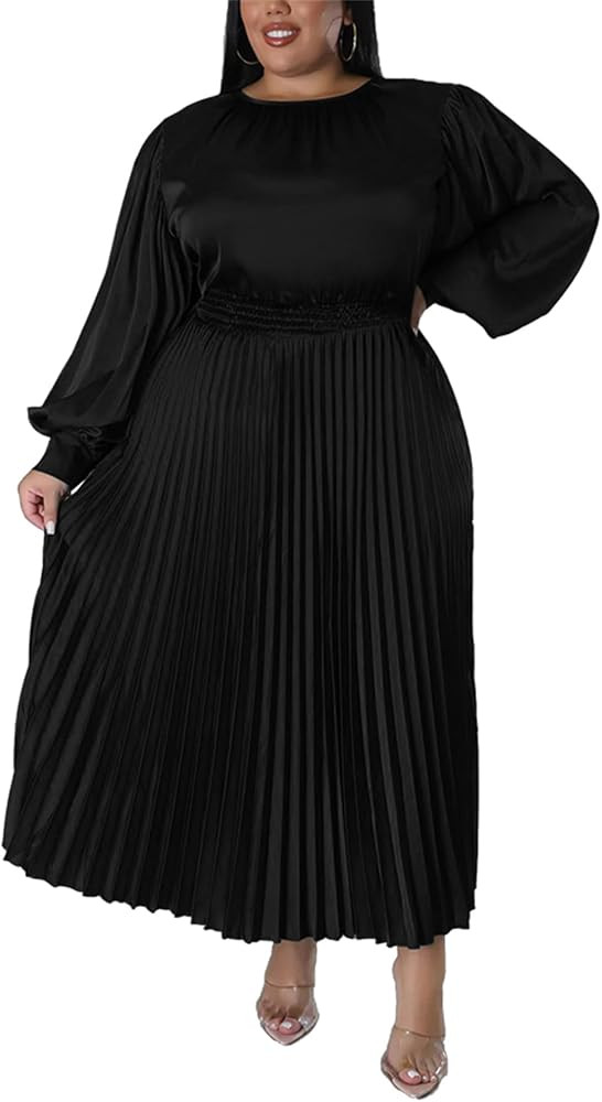 Women's Plus Size Maxi Dresses 2026 Fall Lantern Long Sleeve Flowy Swing Pleated Maxi Dresses | Amazon (US)