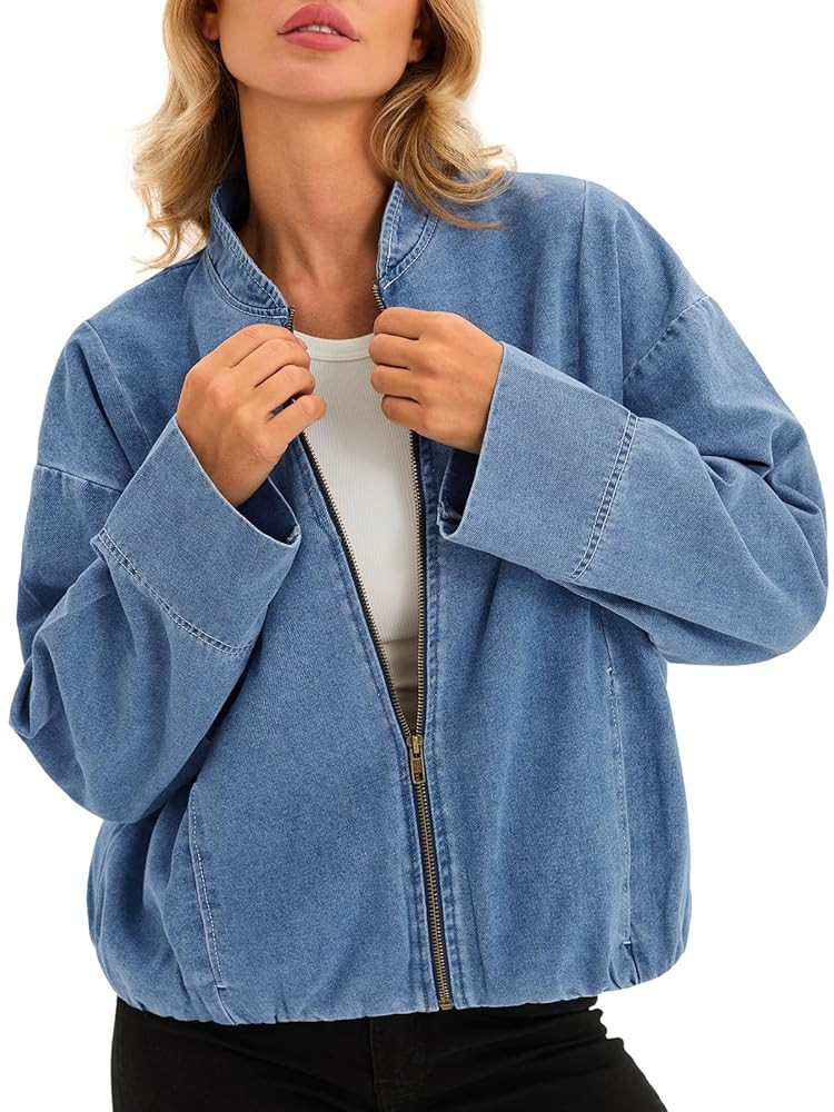 Tankaneo Womens Denim Jacket Lightweight Zip Up Short Bomber Jean Jacket Fall Casual Shacket Oute... | Amazon (US)