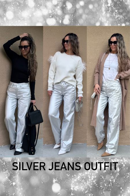 Silver jeans pants outfit. Metallic jeans are true to size / wearing sz 2. 
I’m 5’5” 122 lbs 
White sweater with feathers / wearing a Medium. I sized up
Camel cardigan is oversized/ wearing sz XS 
BLACK long sleeve top is XS / runs large



#LTKGiftGuide #LTKSeasonal #LTKHoliday