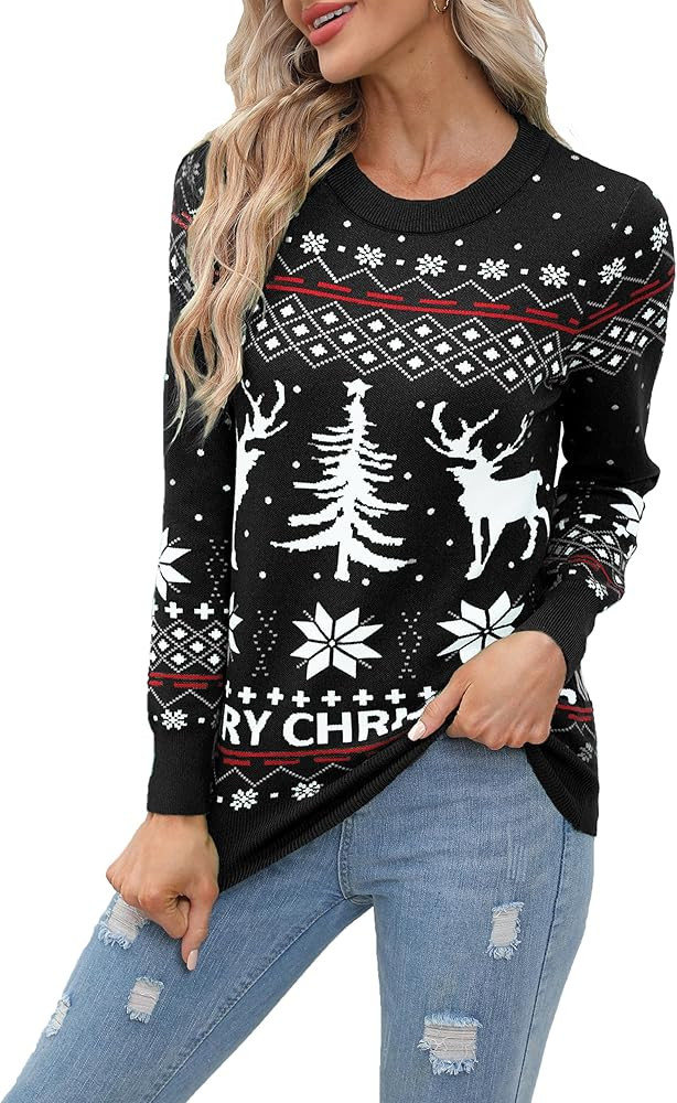 Christmas Sweaters for Women Reindeer Snowflake Holiday Ugly Knit Sweater Long Sleeve Pullover | Amazon (US)