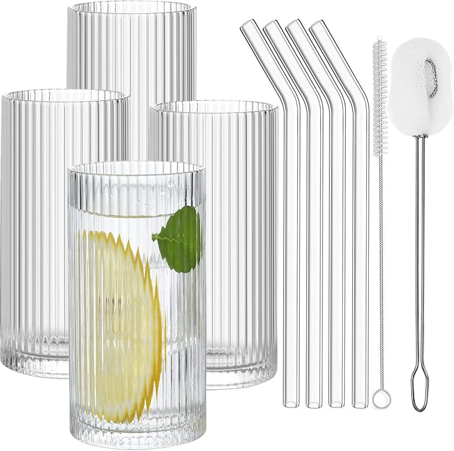 ALINK Ribbed Glassware Set of 4, Vintage Drinking Glasses Cups with Straws, Fluted Iced Coffee Cu... | Amazon (US)