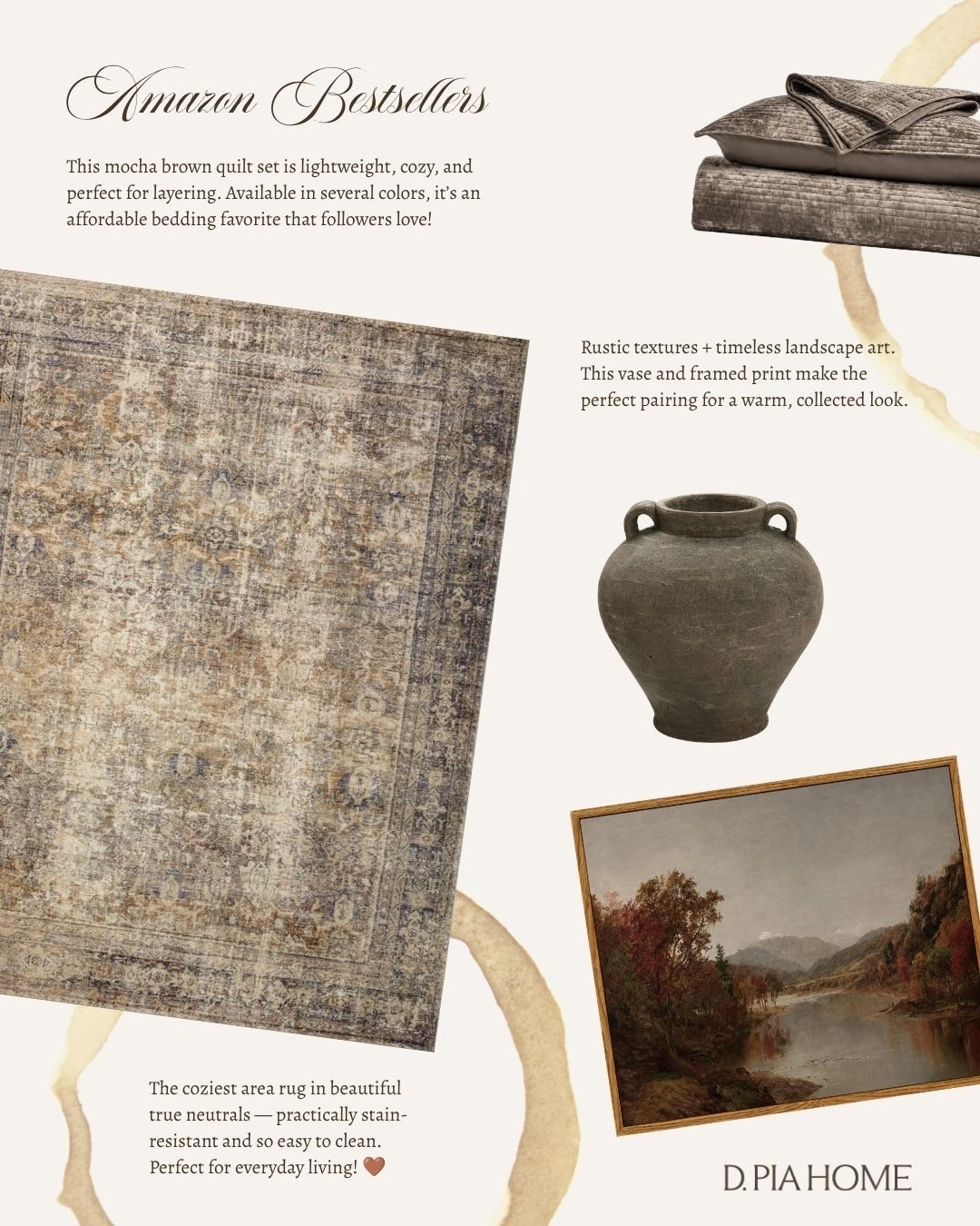 Here are a few of my Amazon Bestsellers for fall: cozy mocha brown bedding, cloudpile area rug, rustic vase, and landscape wall art. 

affordable home decor | autumn | interiors | bedroom | living room | kitchen | dining room | home office | neutrals | organic modern | lived-in | cozy | earthy

#LTKHome #LTKSaleAlert #LTKSeasonal
