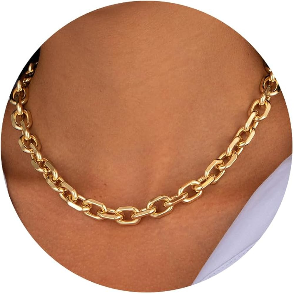 Gold Necklace for Women - Chunky 14K Gold Plated Chain Necklace Cuban Link Paperclip Chain Herrin... | Amazon (US)