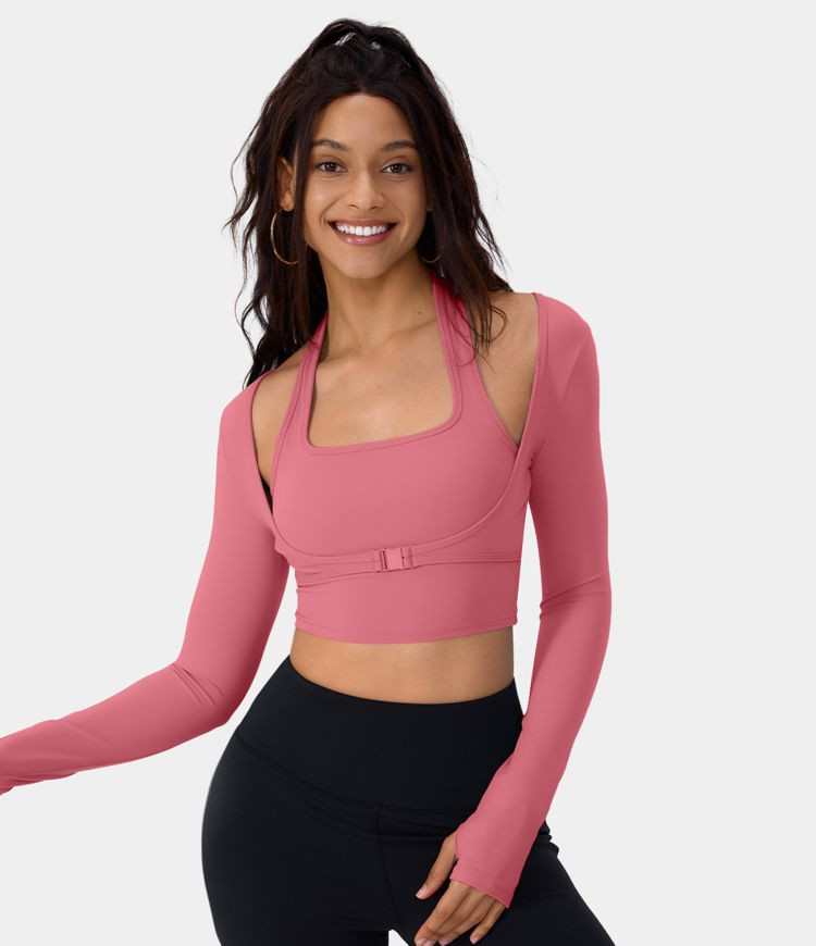 Softlyzero™ Plush Halter Thumb Hole Long Sleeve Cropped 2-in-1 Yoga Sports Top | HALARA