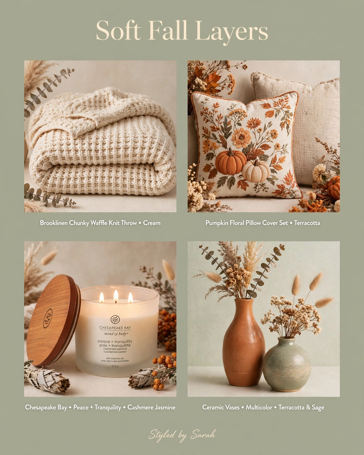 Soft Fall Layers

Shop my cozy fall home picks below!     

Affiliate links — I earn from qualifying purchases 

 #StyledBySarah #FallDecor #HomeDecor #LTKHome #CozyHome