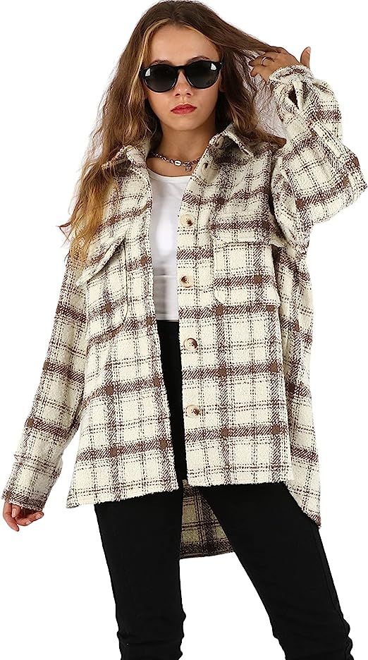 Qiaomai Women's Tweed Plaid Wool Blend Lapel Button Midi Pocketed Shacket Overshirt | Amazon (US)