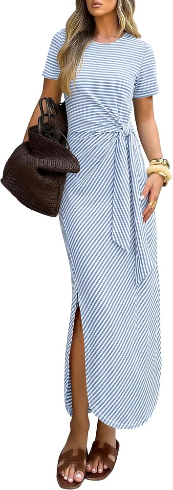 Prinbara Womens Summer Maxi Dress Casual Short Sleeve Tie Waist Split Long Tshirt Dresses 2026 Sp... | Amazon (US)