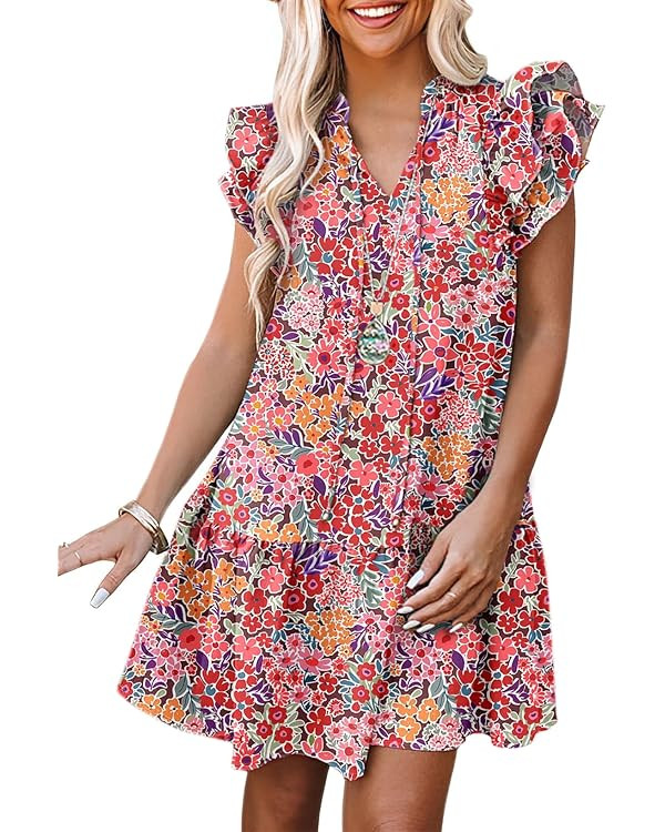 Dokotoo Womens Summer Dresses 2026 V-Neck Drawstring Ruffle Cap Short Sleeve Side Pockets Mini Dr... | Amazon (US)