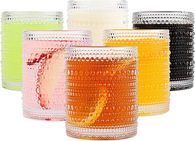 Vintage Glassware Drinking Glasses Set of 6,12 oz Hobnail Glass Cups,Embossed Clear Water Tumbler... | Amazon (US)