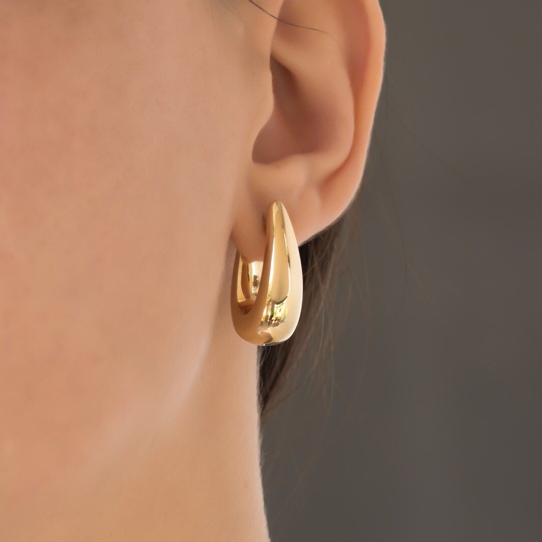 14k Gold Kylie Drop Dome Earrings, Gold Drop Earrings, Gold Chunky Huggie Earrings, Large Dome Ea... | Etsy (US)