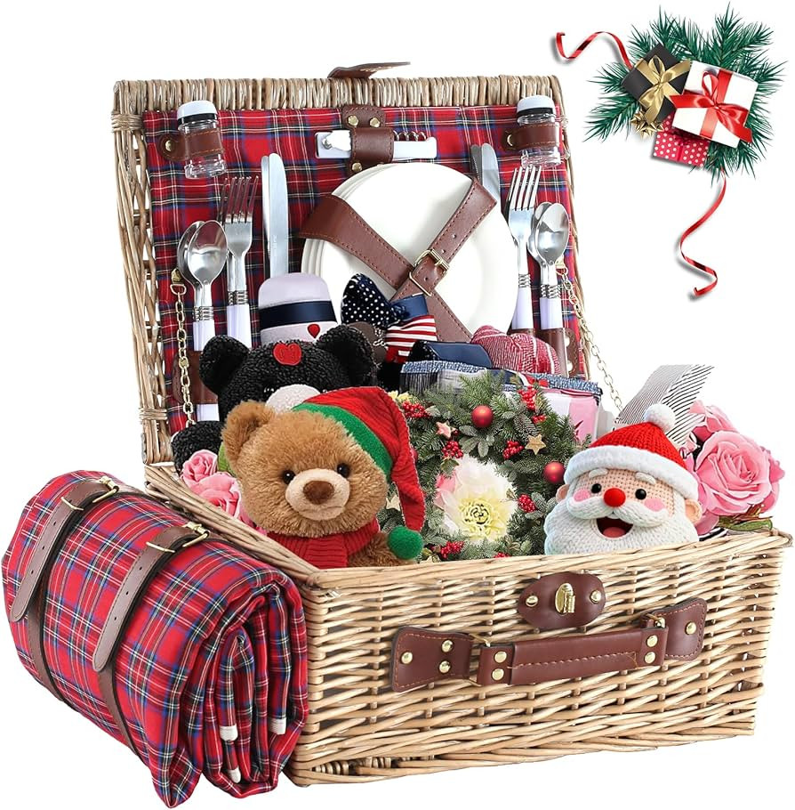 Wicker Picnic Basket for 4 with Waterproof Picnic Blanket and Insulated Cooler, Willow Hamper for... | Amazon (US)