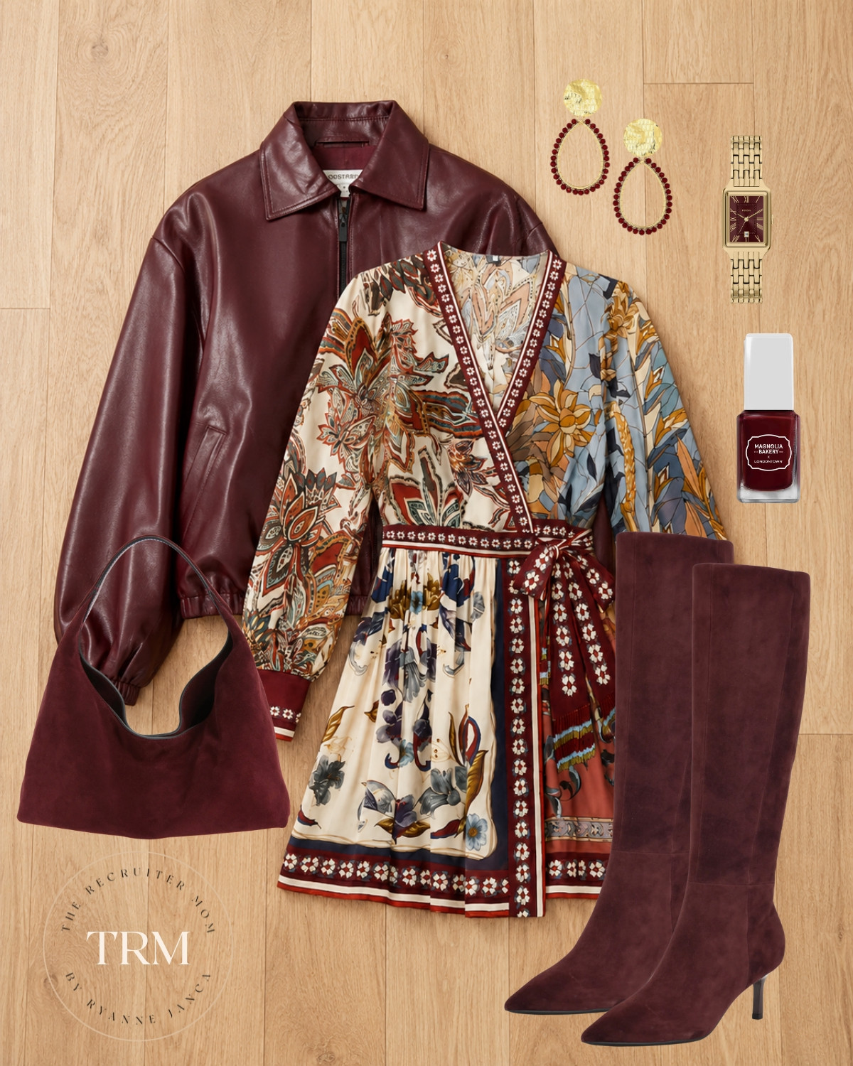 Fall date night outfit with a printed dress, burgundy jacket + tall suede boots 🤎 #FallDress #DateNightStyle

#LTKSeasonal #LTKOver40 #LTKMidsize