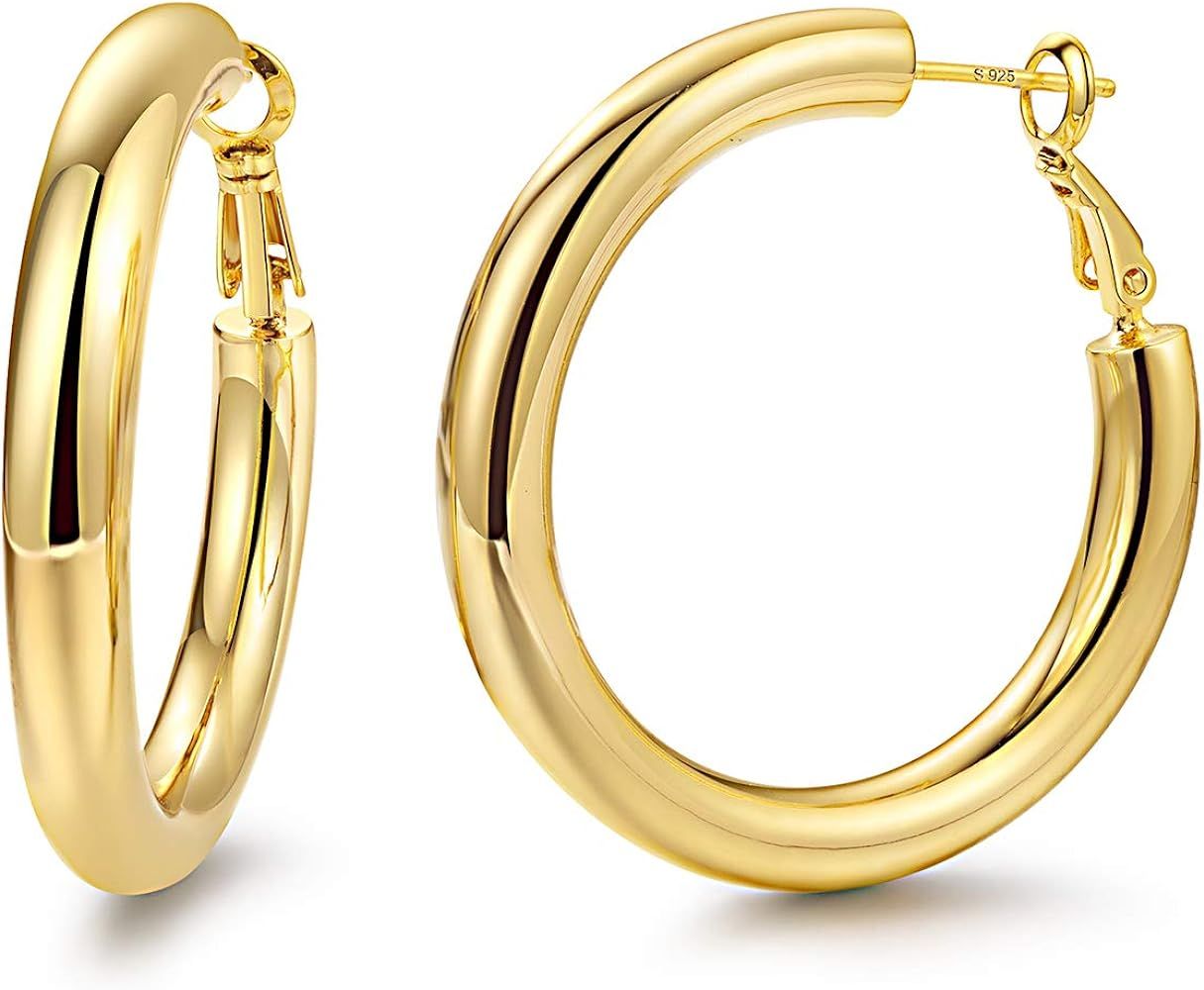 Hoop Earrings 14K Gold Plated 925 Sterling Silver Post 5MM Thick Tube Hoops for Women And Girls ... | Amazon (US)