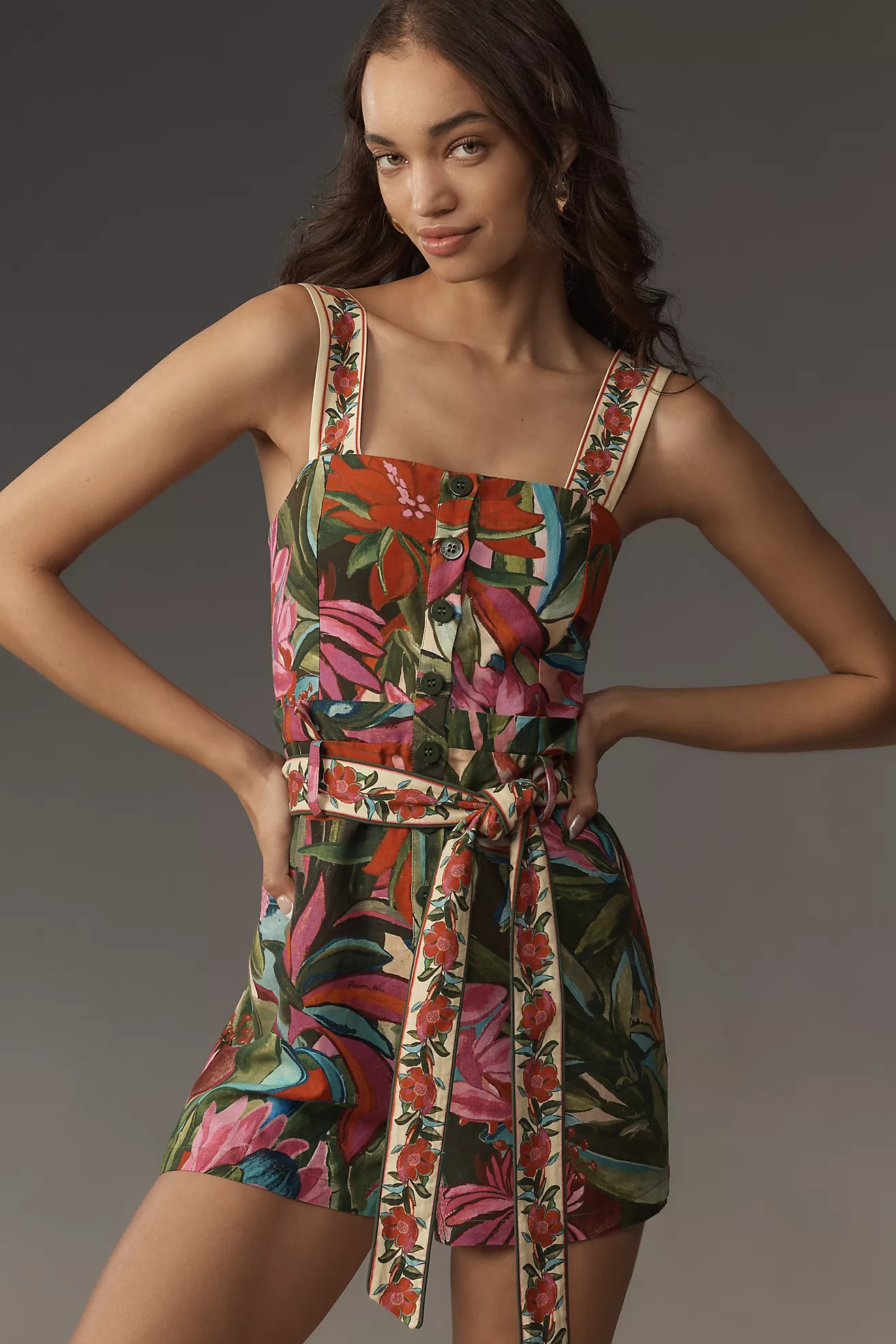 Farm Rio Jardin de Reve Multicolor Linen Tie-Waist Romper | Anthropologie (US)