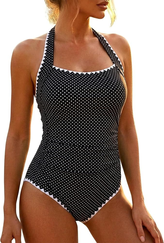 Hilor Women Cute One Piece Swimsuit Best Tummy Control Bathing Suit Retro Halter Modest Swimwear ... | Amazon (US)