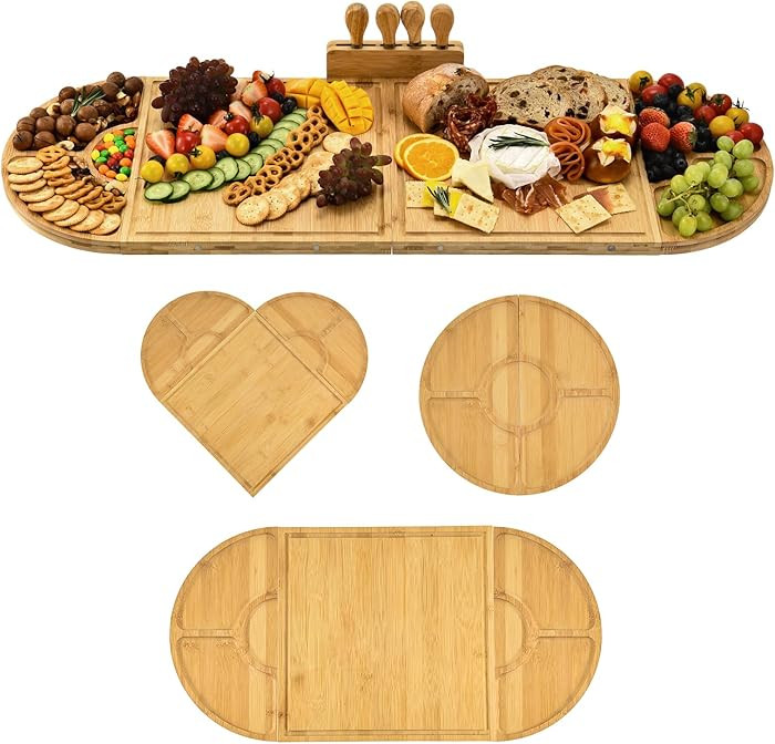 Bamboo Charcuterie Boards and Knife Set, 4 in 1 Long & Round Magnetic Extra Large Cheese Platter ... | Amazon (US)
