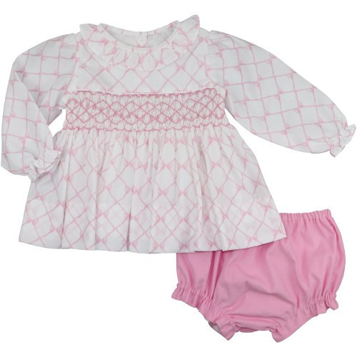 Pink Smocked Trellis Bow Diaper Set | Cecil and Lou